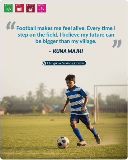 A boy playing football, with a quote from Kuna Majhi of Chirigunia, Sukinda, Odisha