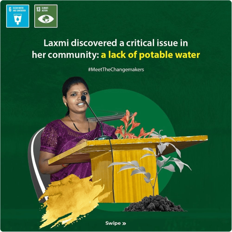 Laxmi Buduili speaking at a podium, on a creative about a lack of potable water