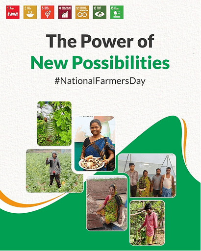 National Farmers' Day creative with a collage of farmer photographs from Jharkhand and Odisha