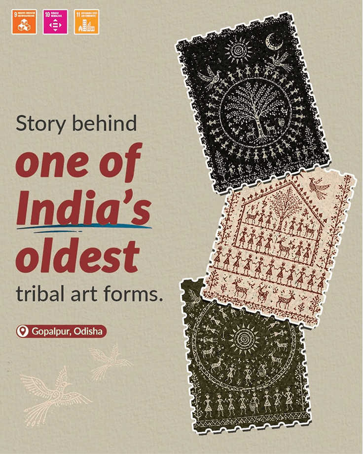 Social creative showing three Saura paintings with tree-of-life motifs, marked Gopalpur, Odisha