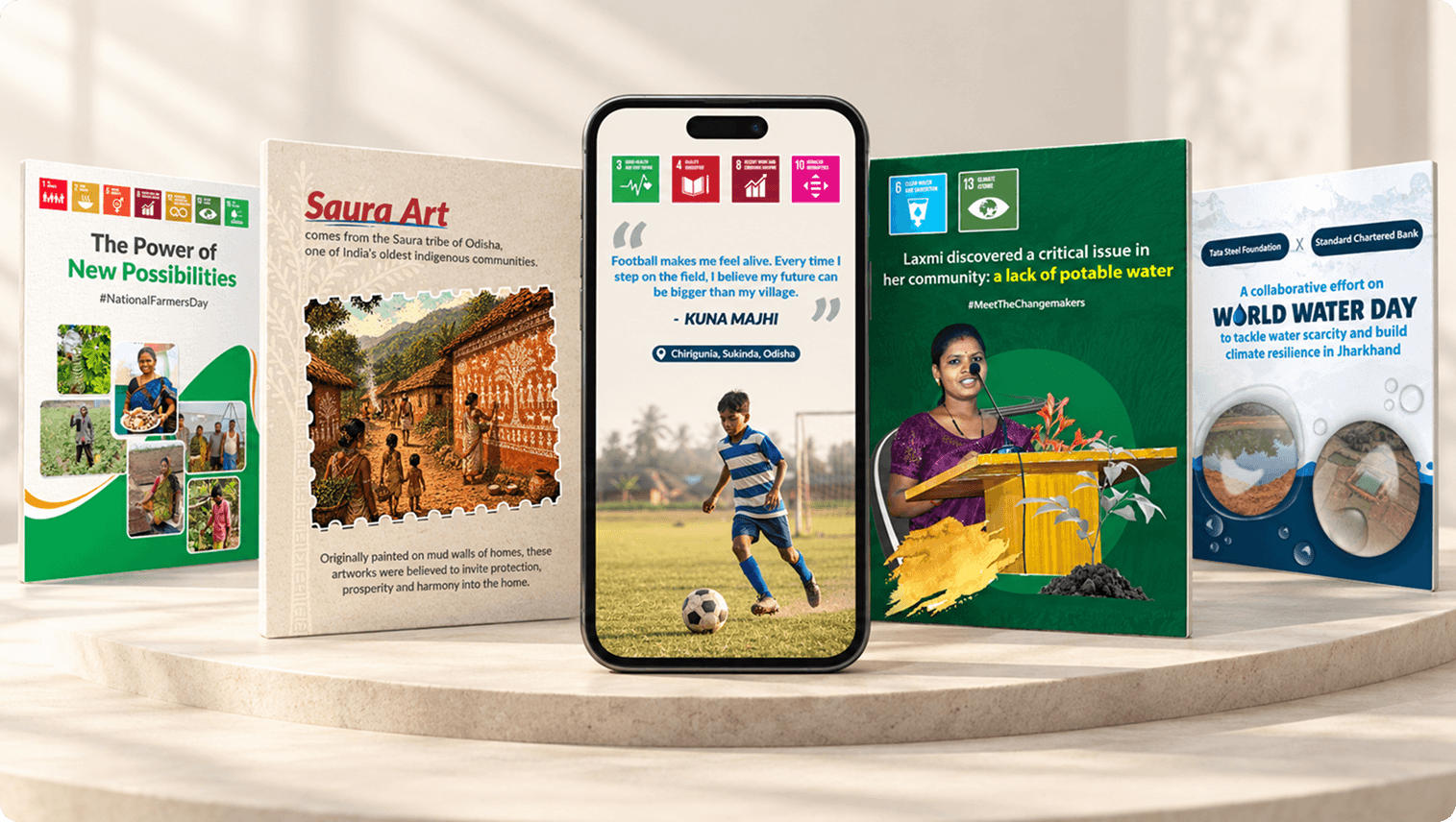 Tata Steel Foundation social creatives and a reel on a phone, shown on a podium