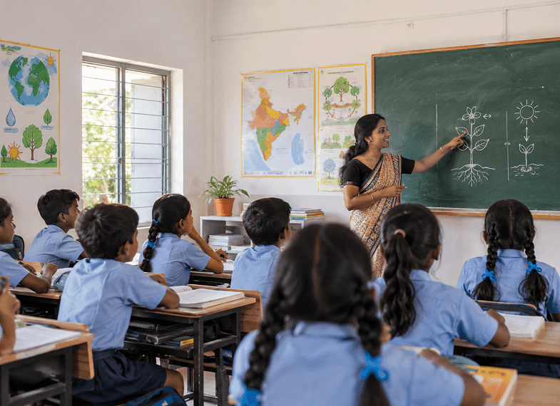 A teacher at a blackboard explaining a diagram to a classroom of schoolchildren