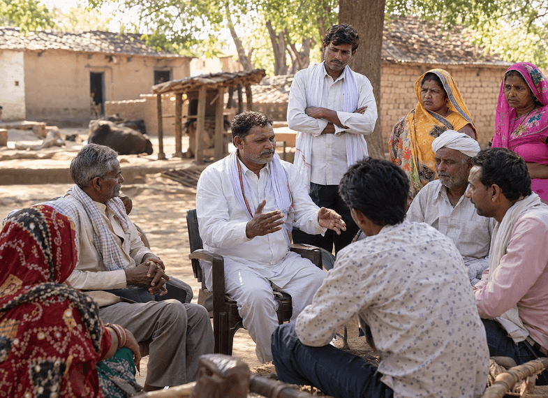 Village residents seated in a circle during a community discussion