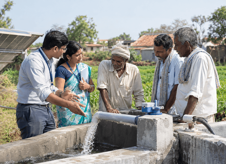 Tata Steel Foundation staff and farmers inspecting a water outlet in a field