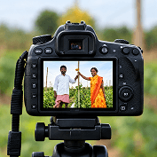 A camera on a tripod framing the two farmers in the field