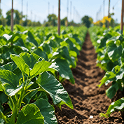 Rows of young crop plants in tilled soil