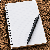 An open notebook and pen resting on soil