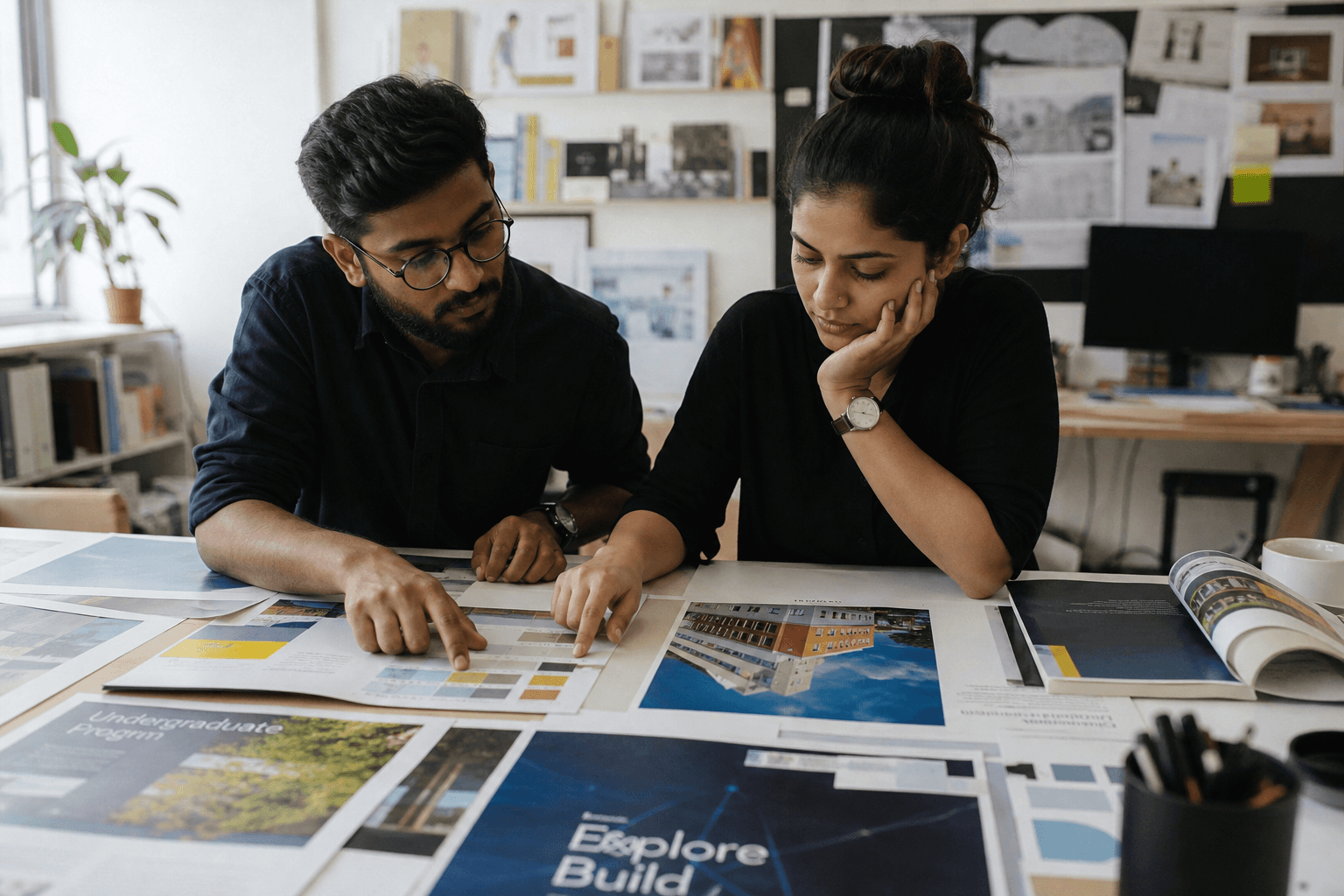 Indian designers reviewing education brand and print materials