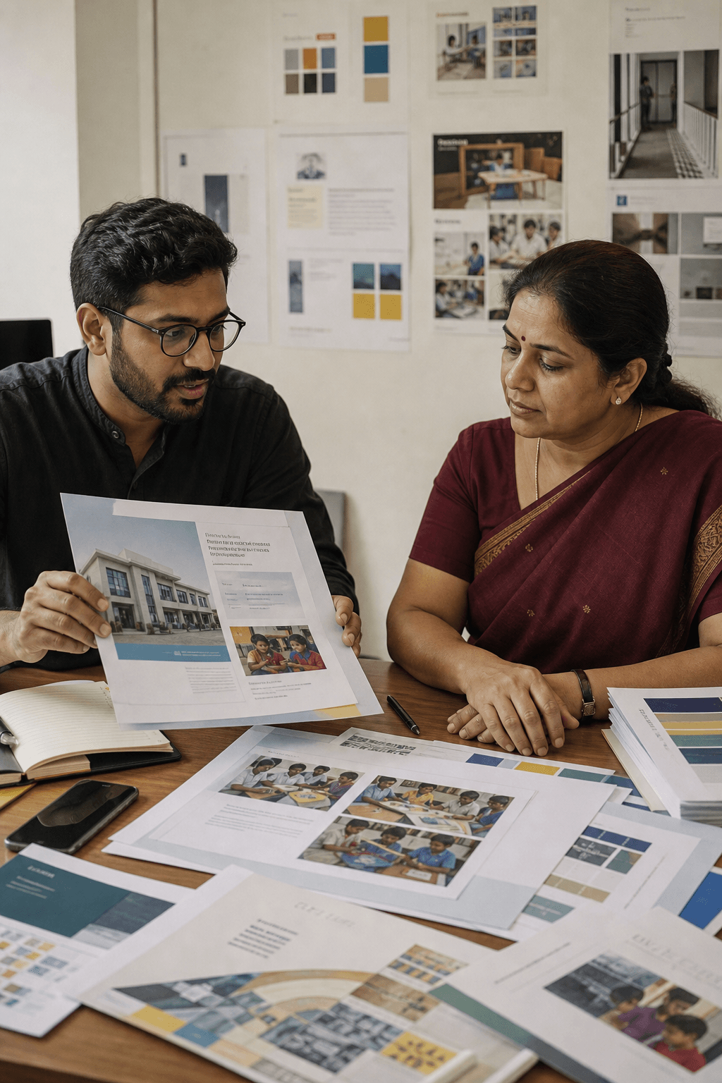 Indian designer presenting education prospectus and brand boards